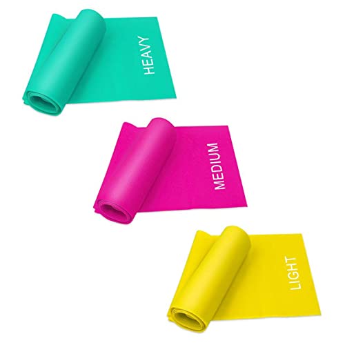 7FT. Long Latex Free Elastic Flat Exercise Band Set of 3 with Carry Bag, Wide Fitness Resistance Bands for Pilates, Gym, Physical Therapy, Yoga, Carry Bag, Green & Yellow & Rose Red