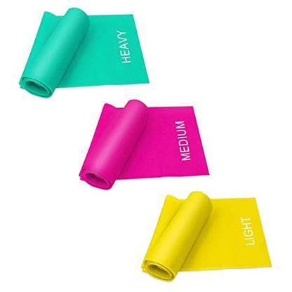 7FT. Long Latex Free Elastic Flat Exercise Band Set of 3 with Carry Bag, Wide Fitness Resistance Bands for Pilates, Gym, Physical Therapy, Yoga, Carry Bag, Green & Yellow & Rose Red