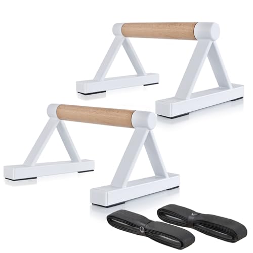 1 Pair Wooden Parallettes Push Up Bars for Men, Strength Training Pushup Stands Handles for Home Calisthenics, Fitness, Floor Workouts Solid Wood with White Metal Bracket - Support 500 lbs - color: White, size: 7 inch Height