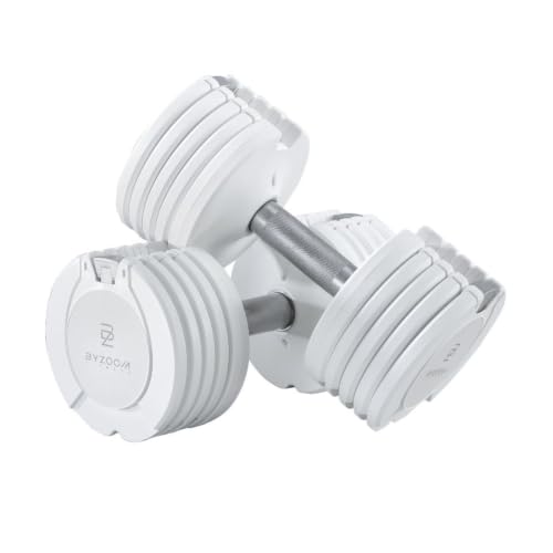 BYZOOM FITNESS Pure Series Adjustable Dumbbell - 12.5/25/27.5/50/55/75lb - ONE UNIT OR PAIR(check QTY before purchase) - 5-in-1/ 10-in-1 / 15-in-1 / 21-in-1 Flexible Hand Weights for Home Apartment Garage Gym, Strength Training & Fitness Workouts, White O