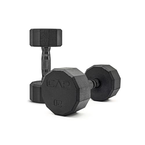 CAP Rubber Coated Dumbbell Weights, Free Weights for Home Gym Strength Training, Anti-Roll Hex Dumbbells with Black, Chrome & Comfort Grip Handles, Pairs & Sets - size: 12 lb - Pair, style: 12-Sided - Black Handle