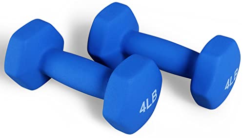 Fitvids Neoprene Dumbbell Hand Weights, Anti-Slip, Anti-roll, Hex Shape Colorful, Pair or Set with Stand - style: (4-Pound, Pair)