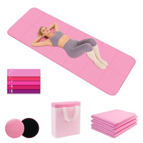 Foldable Yoga Mat with Resistance Band & Sliding Discs, 0.24" Thick Eco-Friendly TPE Non-Slip Workout Mat, Portable for Yoga, Pilates, Home Gym & Travel (72." x 24" x 0.24")