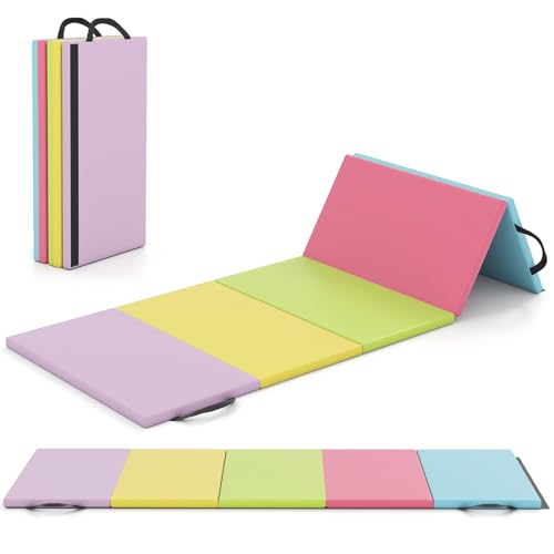 GYMAX Gymnastics Mat, 5-Panel Folding Tumbling Mat with Carrying Handles, 4-Side Hook & Loop Fasteners, Waterproof PU Cover, Exercise Mat for Home, Gym, Yoga, Stretching - color: Pastel