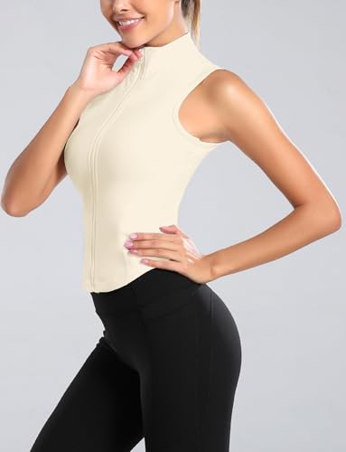 FEOYA Women Sleeveless Athletic Tank Top Shirts Full Zip Up Tshirt for Yoga Running Fitness Exercise - color: Upgrated Beige, size: Medium