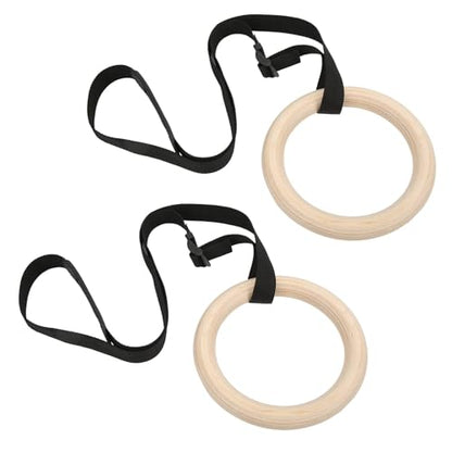 1 Pair of Adjustable Buckle Straps, 330-Pound Wooden Belt Gymnastics Rings, Pull-Up Training Rings, Suitable for Fitness