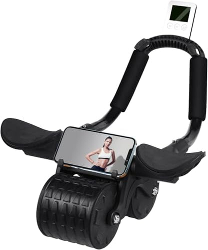 Ab Roller Exercise Wheel with Phone Mount, Timer, Knee Mat, Elbow Support, Core Strength Training Equipment, Black