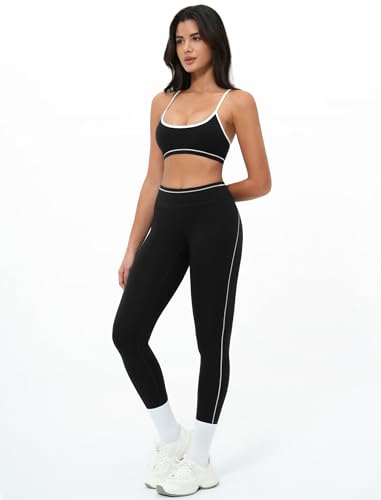 Women 2 Piece Workout Adjustable Strappy Color Block Sports Bra High Waist Tummy Control Leggings Yoga Pilates Outfits