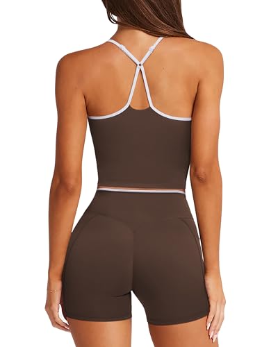 RXRXCOCO Color Block Workout Sets for Women 2 Piece Padded Strappy Tank Tops Hidden Scrunch Booty Shorts with Pockets