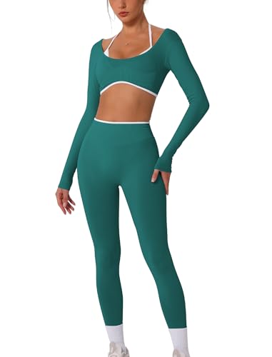 AGYMNX 2 Piece Workout Sets for Women Contrast Panel Long Sleeve Halter Crop Top and High Waist Leggings Jogger Outfits - color: Green, size: X-Small