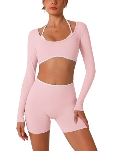 ABOCIW Workout Sets for Women 2 Piece Seamless Color Block Long Sleeve Crop Top Scrunch Butt High Waist Shorts Gym Set - color: Pink, size: X-Small