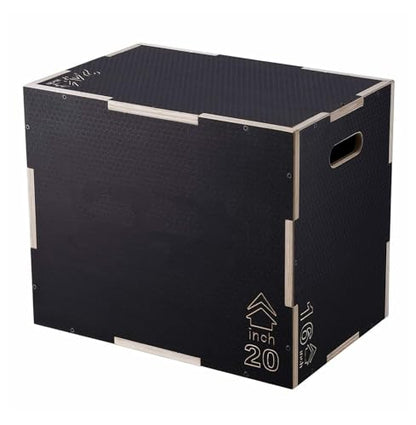 Plyometric Jump Box - 24/20/16 Inch Wooden Plyo Box - Adjustable Fitness Platform for Home Gym, Strength Training & Agility Drills - Black