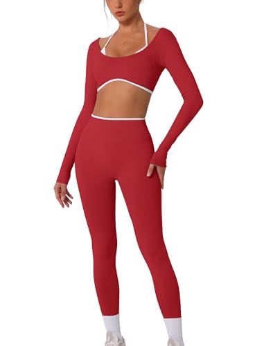 AGYMNX 2 Piece Workout Sets for Women Contrast Panel Long Sleeve Halter Crop Top and High Waist Leggings Jogger Outfits - color: Red, size: Small