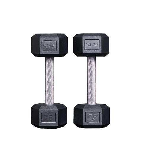 Rep Fitness Rubber Hex Dumbbell(s) - Singles (55LB +) and Pairs (5LB - 50LB) - Low Odor, Fully Knurled Handle