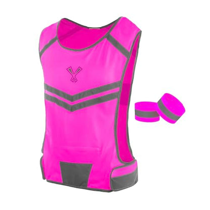 Reflective Running Vest with Pocket & 2 Bands with High visibility for Night Running, Walking & Cycling - color: Pink, size: Small