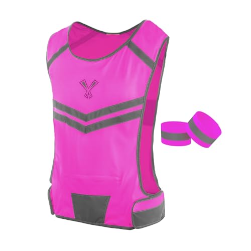 Reflective Running Vest with Pocket & 2 Bands with High visibility for Night Running, Walking & Cycling - color: Pink, size: Large