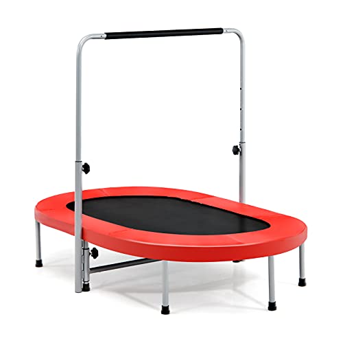 Giantex Mini Trampoline, 2 Persons Foldable Fitness Trampoline w/ 5 Levels Height Adjustable Handle, Max Load 330LBS, Indoor Oval Rebounder Exercise Trampoline for Adult, Kid, Enjoy Parent-child Time - color: Red