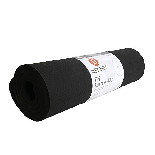 BodySport TPE Exercise Mat for Men and Women – Workout Mat – Perfect for Gyms and Fitness Training – ½ in. Thick, Black - size: 56 in. x 24 in. X 1/2 in.