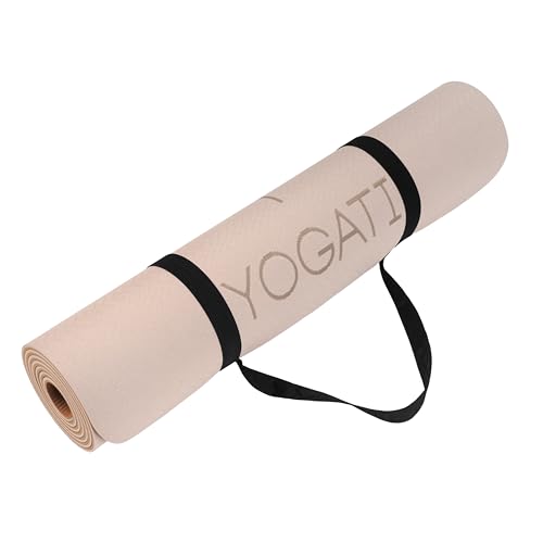 YOGATI® Yoga Mat with Strap with Alignment Lines. Home Workout Mat for Women, Men and Kids. Thick Non Slip Yoga Mat for Pilates and Fitness. Brown, Pink and Purple Yoga Mats
