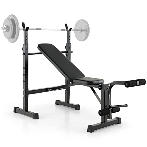 Goplus Adjustable Olympic Weight Bench Barbell Rack Set, Foldable Workout Bench Press Set with Leg Developer, Squat Rack, Home Gym Flat Incline Decline Weight Lifting Strength Training