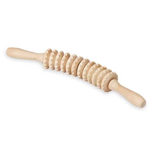 Gaiam Restore 16" Curved Muscle Roller Stick, Handheld Massage Roller with 12 Rolling Massagers for Muscle Recovery, Wooden Cellulite Massager for Legs, Back, Arms & Shoulders