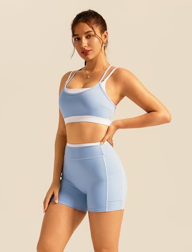 Womens Workout Sets 2 Piece Matching Gym Set High Waist Shorts With Pockets & Sports Bra Yoga Athletic Outfits Set Blue M
