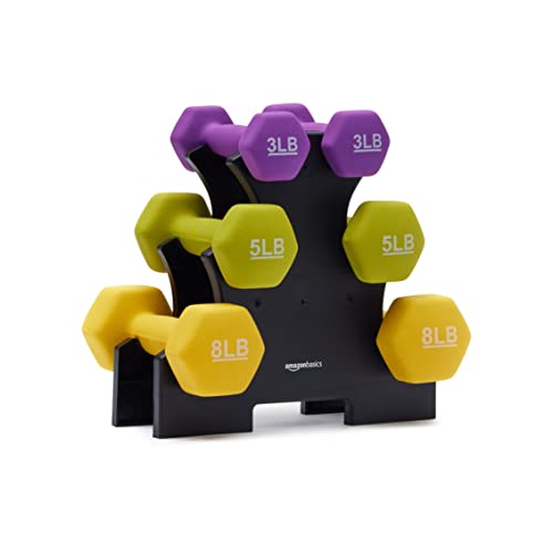 Amazon Basics Neoprene Dumbbell Hand Weights for Exercise and Muscle Toning - style: Rack with 3 Pairs (3, 5, and 8 Pound)