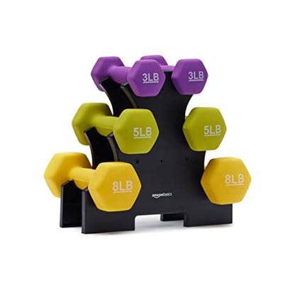 Amazon Basics Neoprene Dumbbell Hand Weights for Exercise and Muscle Toning - style: Rack with 3 Pairs (3, 5, and 8 Pound)
