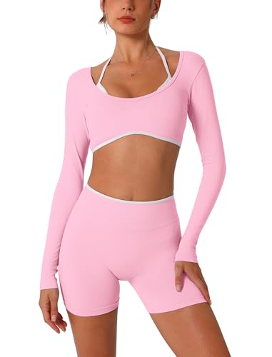AGYMNX Workout Sets for Women 2 Piece Contrast Panel Long Sleeve Halter Crop Top and Butt-lifting Shorts Jogger Outfits - color: Orchid Pink, size: X-Small