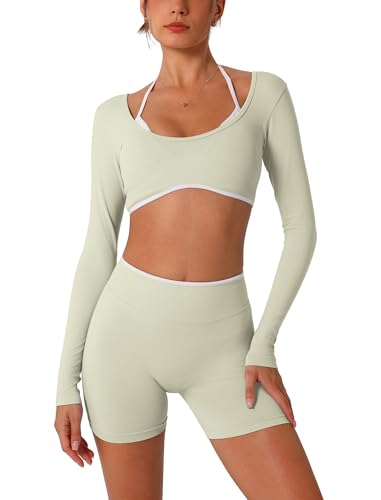 AGYMNX Workout Sets for Women 2 Piece Contrast Panel Long Sleeve Halter Crop Top and Butt-lifting Shorts Jogger Outfits - color: Light Green, size: Small