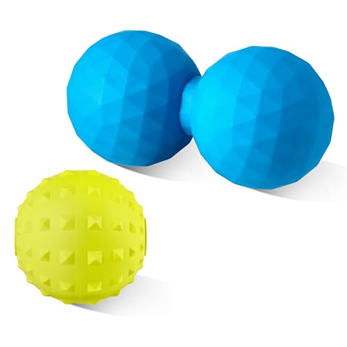 Peanut & Spiky Massage Ball Set, Double Lacrosse Peanut Roller + Firm Spiky Ball for Deep Tissue Myofascial Release, Trigger Point Therapy, Plantar Fasciitis & Muscle Recovery (Blue+Yellow) - color: Blue+yellow