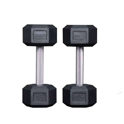 Rep Fitness Rubber Hex Dumbbell(s) - Singles (55LB +) and Pairs (5LB - 50LB) - Low Odor, Fully Knurled Handle - style: 15 LB Pair