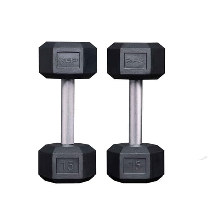 Rep Fitness Rubber Hex Dumbbell(s) - Singles (55LB +) and Pairs (5LB - 50LB) - Low Odor, Fully Knurled Handle - style: 15 LB Pair