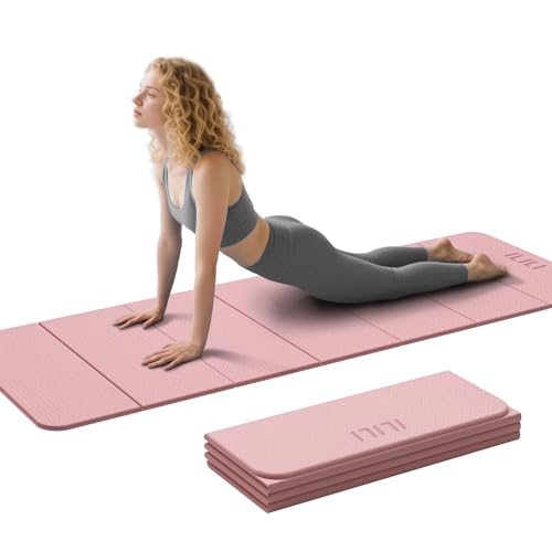 ILILI Foldable Yoga Mat 71 * 24 * 0.3'' - TPE Non-Slip Fitness Mat for Home，Waterproof & Lightweight (2lb) for Home Gym, Pilates & Stretching,Fitness Workouts - color: LIGHT PINK