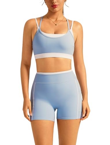 Double Layer Workout Sets for Women 2 Piece Matching Gym Set High Waist Shorts with Pockets Sports Bra Yoga Pilates Outfits