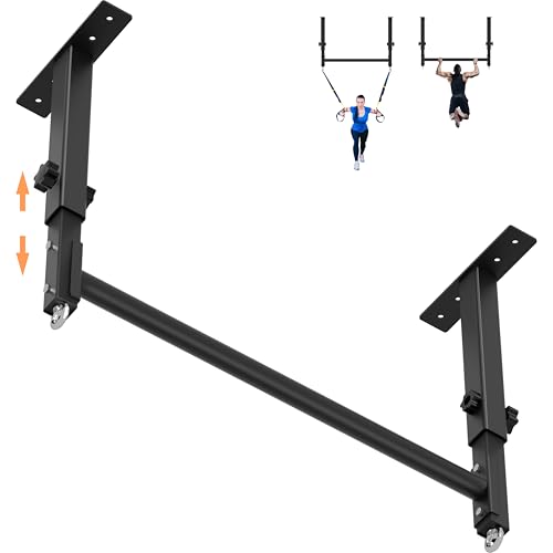 48" Ceiling Mount Pull Up Bar, Heavy Duty Multi-Grip Rafter Chin Up Bar for Garage/Basement/Backyard Ceiling Beam, Adjustable Height&Supports to 650 Lbs