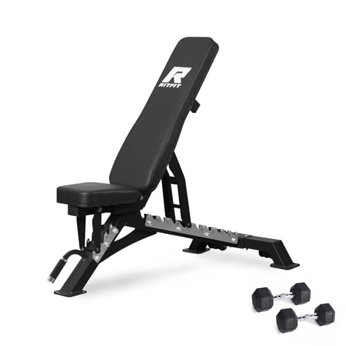 RITFIT Adjustable Weight Bench with Multiple Back Positions for Full Body Workouts, Incline, Decline, and Flat Settings for Home Gym Strength Training, 1300LB Capacity - color: Black, with 2x5lb Rubber Hex Dumbbells