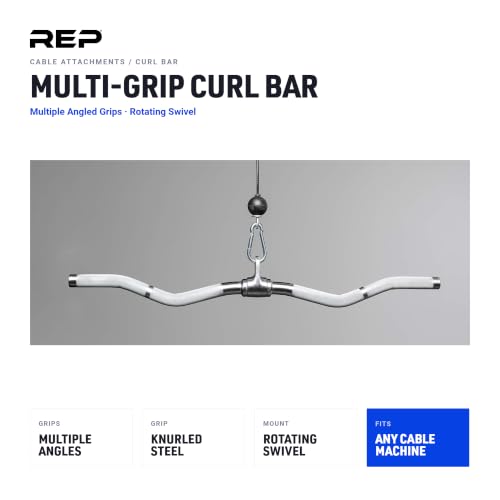 REP Fitness LAT Pulldown and Low Row Cable Machine Attachments and Functional Trainer Attachments – Curl Bar, D-Handle, Ankle Cuff, Tricep Rope, Sports Handle, Straight Bar, Row, Chinning Triangle - style: Multi Grip Curl Bar
