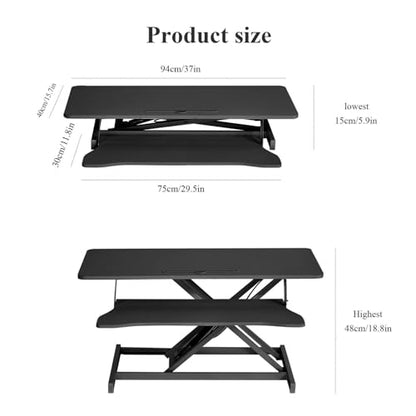 Adjustable Standing Desk Converter – 37" Wide, for Two Monitors with Keyboard Tray, Manual Gas Spring Sit Stand Desk Converter Lifts to 18.5", Black