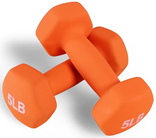 Fitvids Neoprene Dumbbell Hand Weights, Anti-Slip, Anti-roll, Hex Shape Colorful, Pair or Set with Stand - style: (5-Pound, Pair)