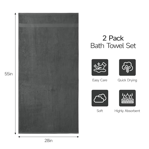 ecolook 2 Pack 100% Cotton Bath Towels, 28 x 55 Inches, Soft | Lightweight, Highly Absorbent & Quick Dry Body Towels for Bathroom, Shower, Gym & Daily Use, Dark Gray - color: Dark Gray