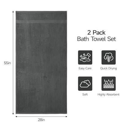 ecolook 2 Pack 100% Cotton Bath Towels, 28 x 55 Inches, Soft | Lightweight, Highly Absorbent & Quick Dry Body Towels for Bathroom, Shower, Gym & Daily Use, Dark Gray - color: Dark Gray