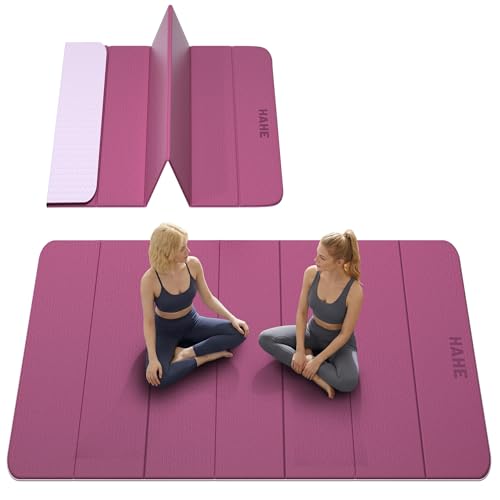 HAHE Extra Wide Folding Exercise Mat 75"x40"x0.4" TPE Fitness Mat, High Density Non-Slip Yoga Mat for Home Gym, 7-Fold Portable for Women, Men, Strength Training, Travel, Floor Exercises - color: Deep Pink & Light Pink