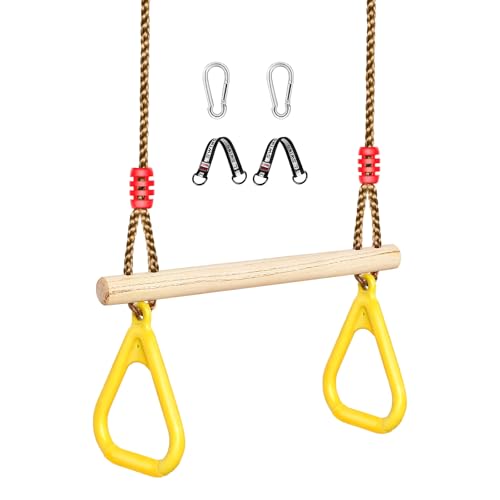 LadyRosian Wooden Trapeze Swing Bar, Adjustable Height Swing Set, Gym Rings, Playground Attachments, 16.5" Monkey Bar for Backyard, Playground, Playroom - color: Yellow