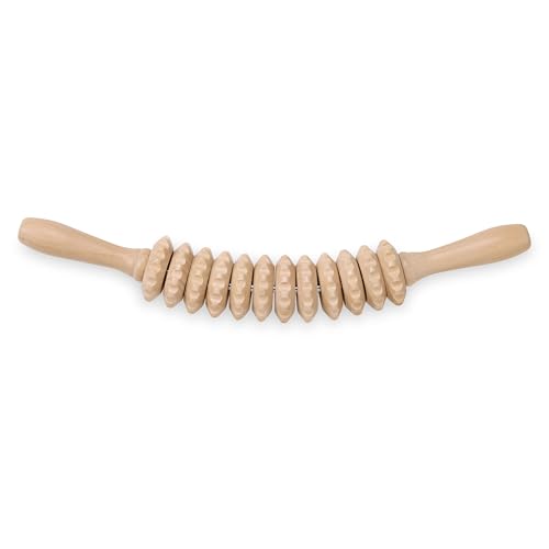 Gaiam Restore 16" Curved Muscle Roller Stick, Handheld Massage Roller with 12 Rolling Massagers for Muscle Recovery, Wooden Cellulite Massager for Legs, Back, Arms & Shoulders
