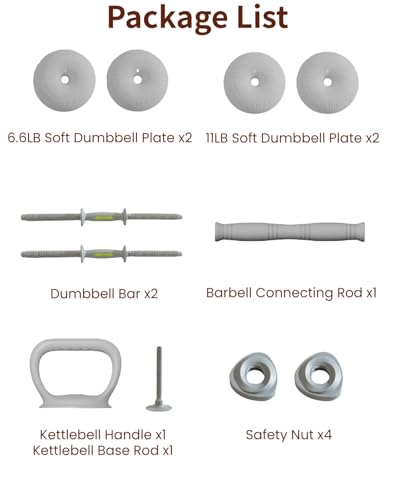 3-in-1 Adjustable Dumbbell Set 13/18/22/35LB - Soft Shell Weight Set Converts to Barbell & Kettlebell with Connector, All-in-1 Home Gym Strength Training Equipment for Men & Women