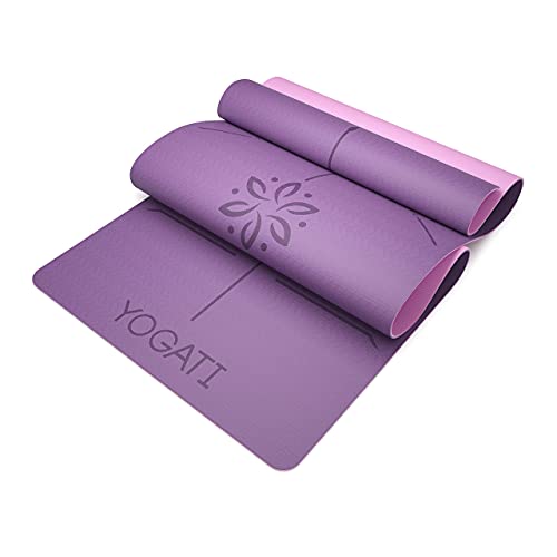 YOGATI® Yoga Mat with Strap with Alignment Lines. Home Workout Mat for Women, Men and Kids. Thick Non Slip Yoga Mat for Pilates and Fitness. Brown, Pink and Purple Yoga Mats