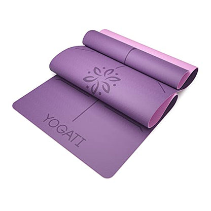 YOGATI® Yoga Mat with Strap with Alignment Lines. Home Workout Mat for Women, Men and Kids. Thick Non Slip Yoga Mat for Pilates and Fitness. Brown, Pink and Purple Yoga Mats