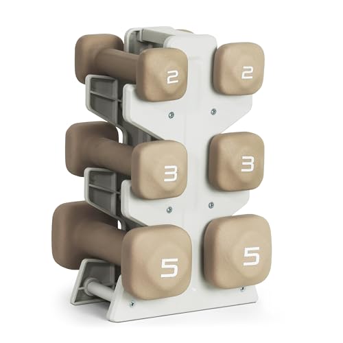 Tone Fitness Neoprene Dumbbell Set with Storage Rack – Non-Slip, Anti-Roll Hand Weights for Home Gym Workouts | 20 lb, 32 lb, 50 lb, 60 lb & 100 lb Options - color: Beige, size: 20 lb Set