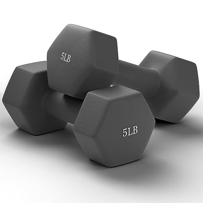 GRETERST Hex Dumbbells Set Rubber Coated Hand Weights Exercise & Fitness for Home Gym Workouts Weight Strength Training, Anti-Slip, Anti-Roll, Set of 2, Grey, 5LB